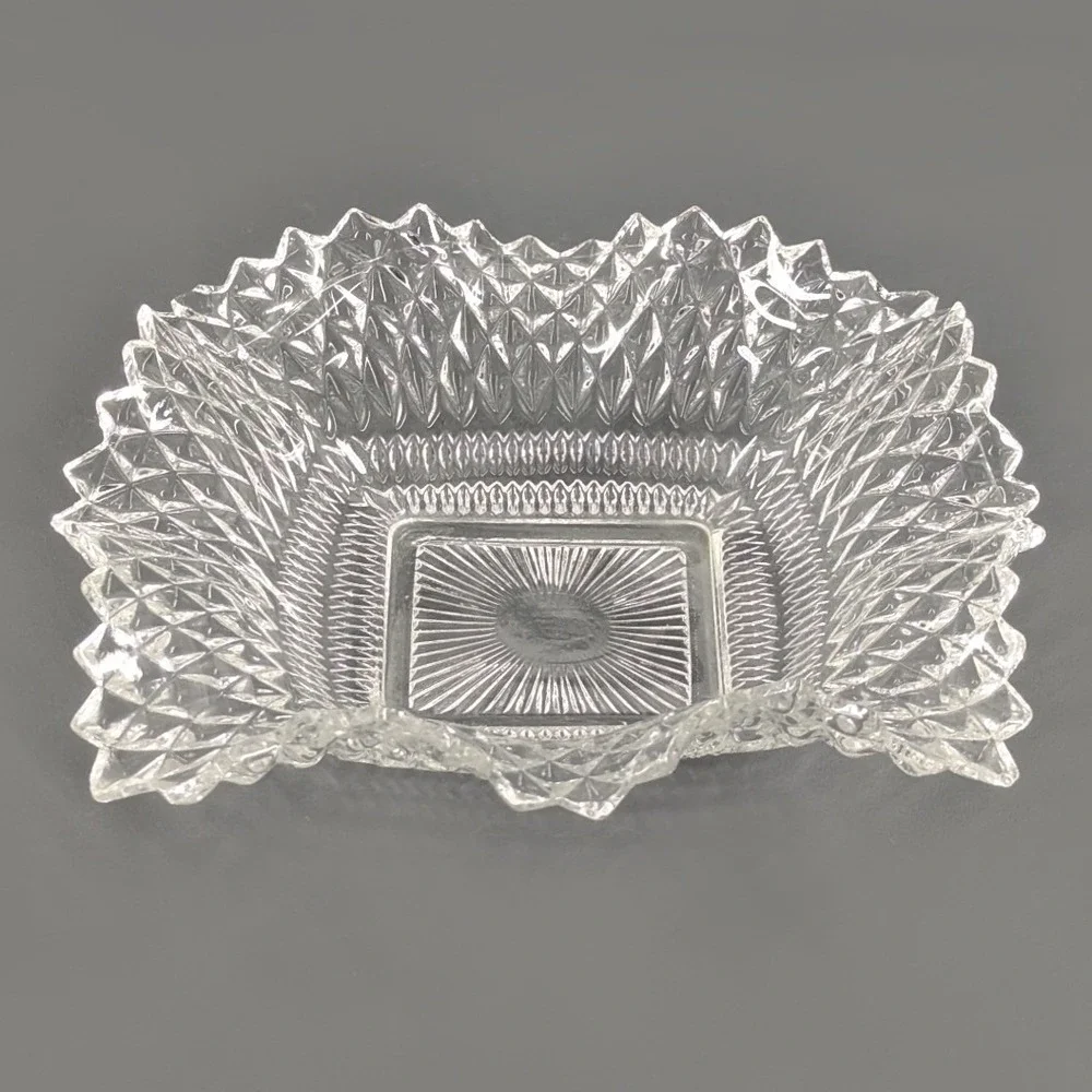 Vintage Clear Pressed Glass Square Candy Dish Sawtooth Rim Diamond Point 7in